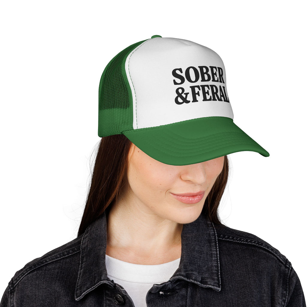 Sober & Feral Trucker Cap — Bold Retro Mesh Hat for Recovery Pride