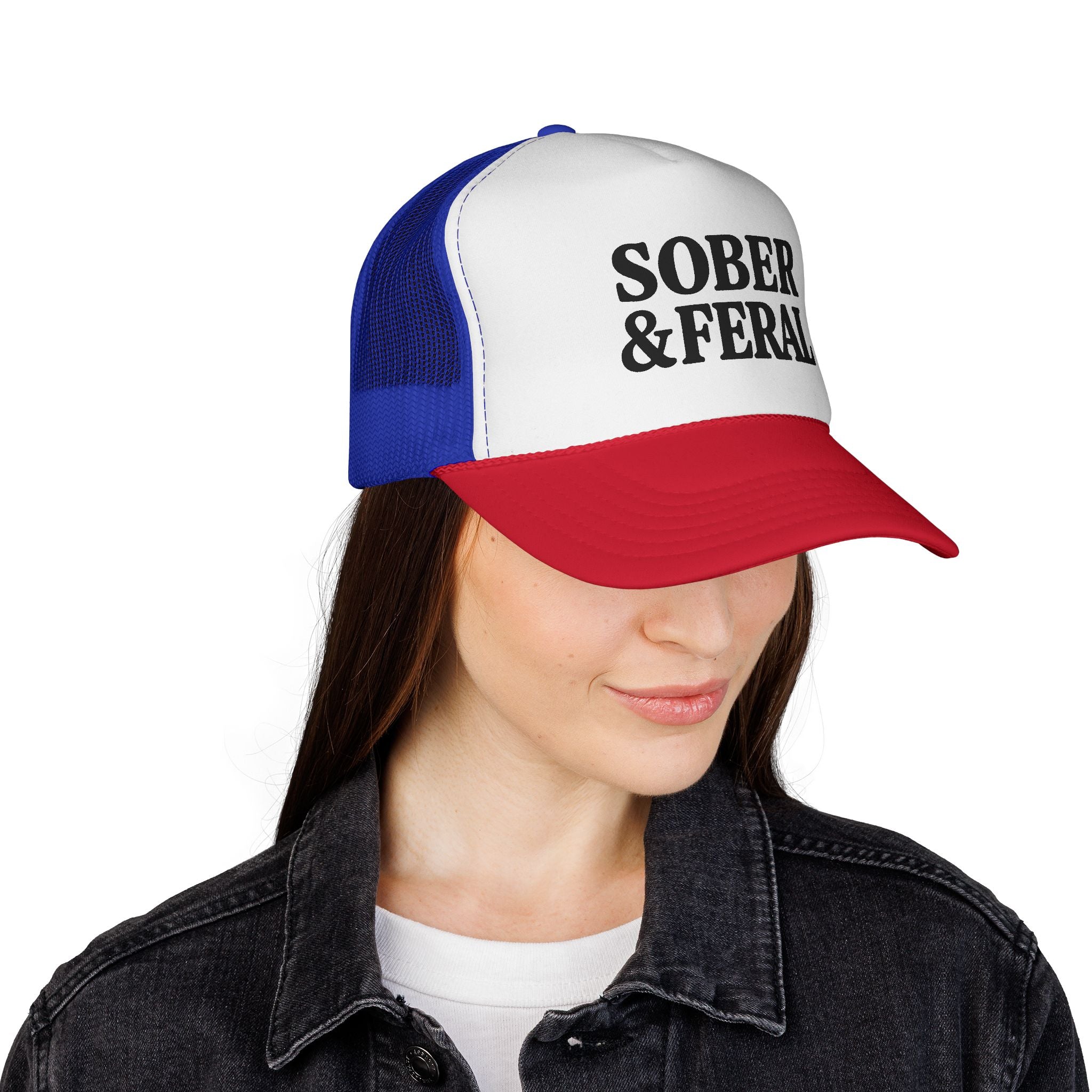 Sober & Feral Trucker Cap — Bold Retro Mesh Hat for Recovery Pride