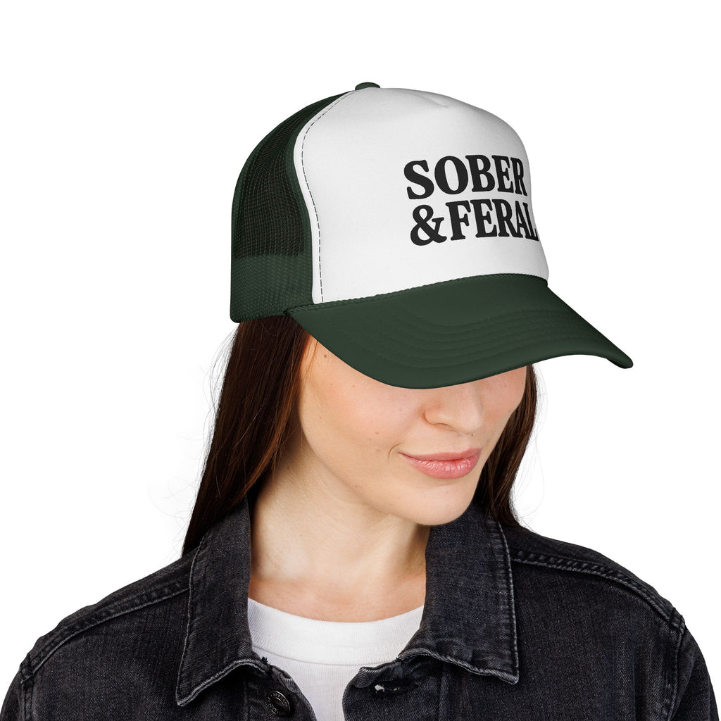 Sober & Feral Trucker Cap — Bold Retro Mesh Hat for Recovery Pride