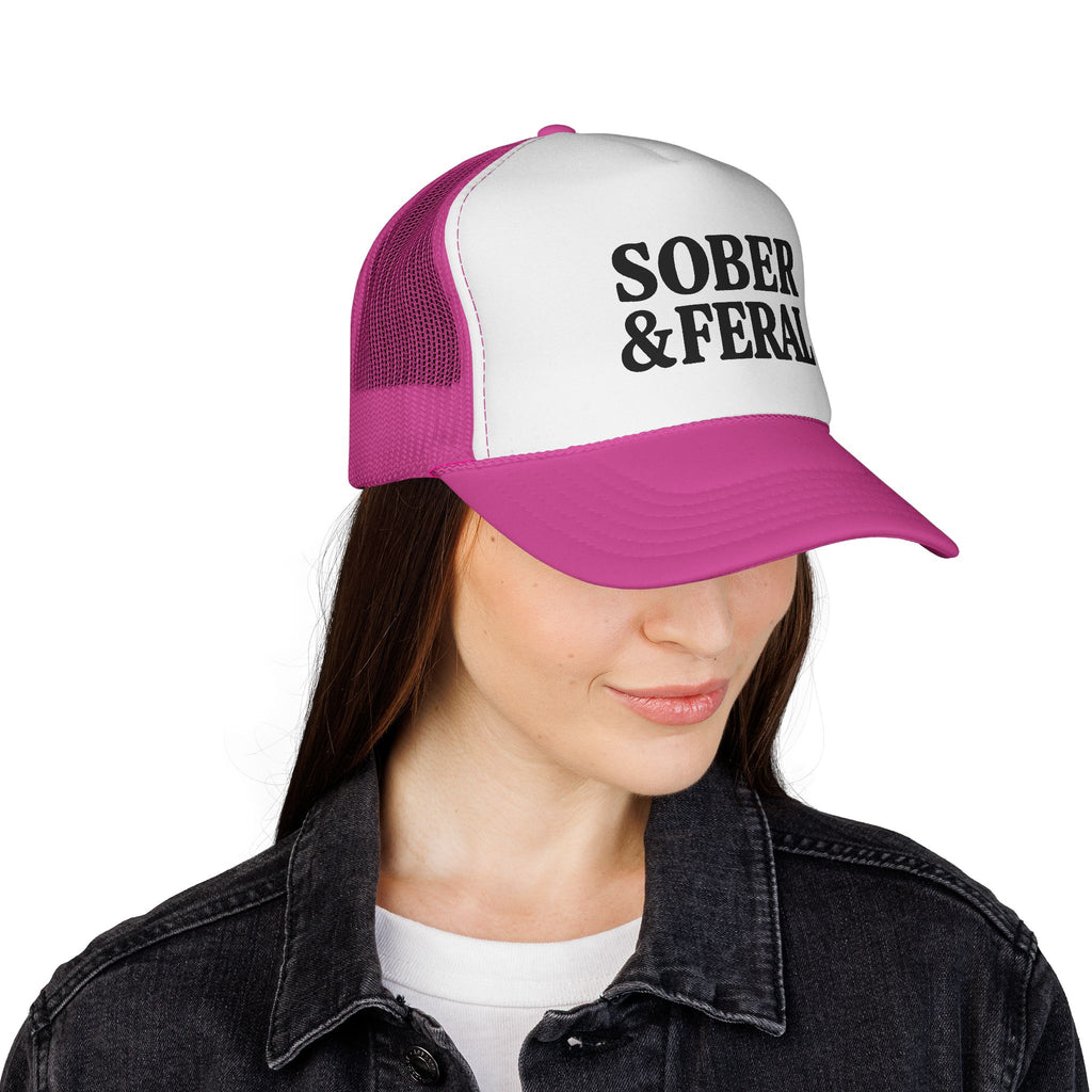 Sober & Feral Trucker Cap — Bold Retro Mesh Hat for Recovery Pride